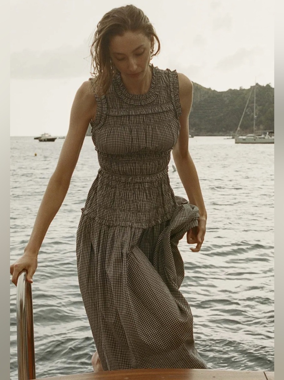 Caroline Constas L Mallory Brown Gingham Maxi Dress Pleated Ruffle ( Doen)